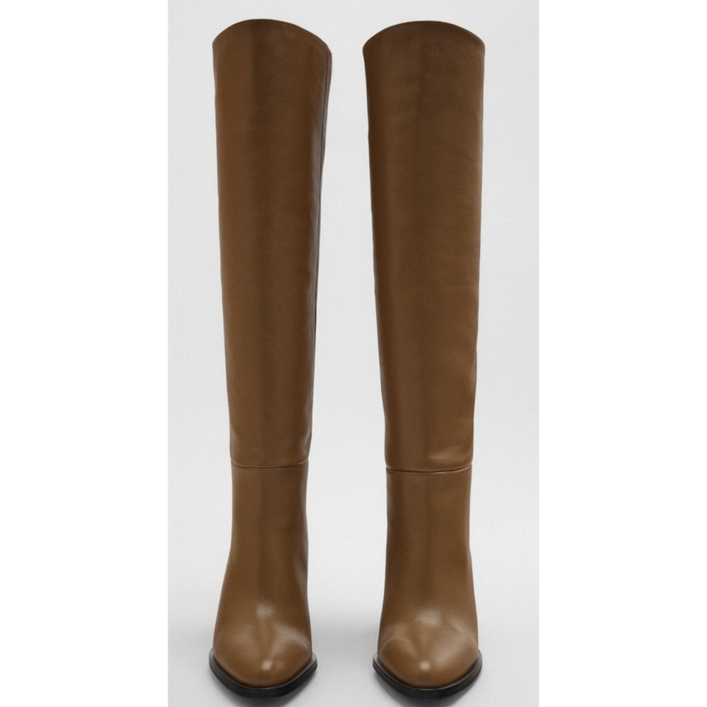 Zara Knee High Heeled Leather Boots Brown Bloggers Favorite NWT - Picture 8 of 14